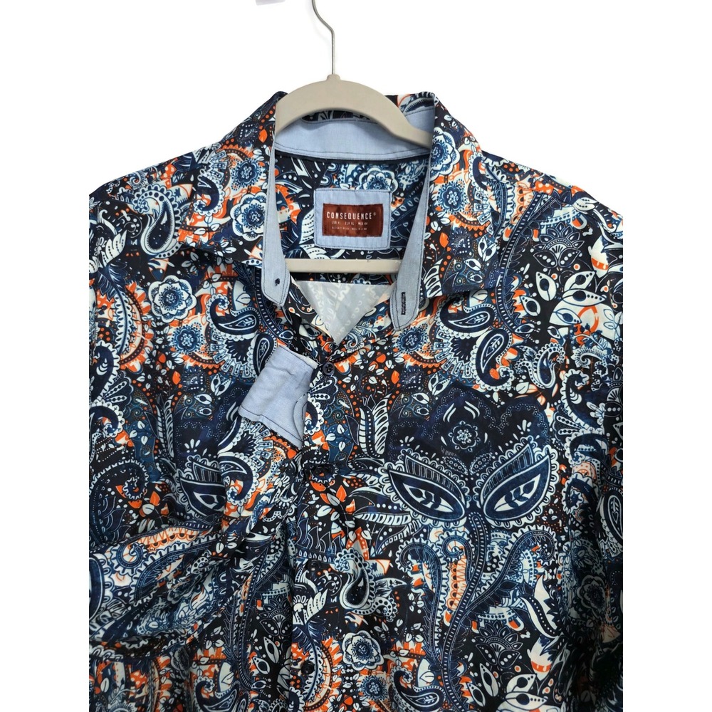 Consequence Mens XL Paisley Button Down Shirt Navy Blue Orange Long Sleeve